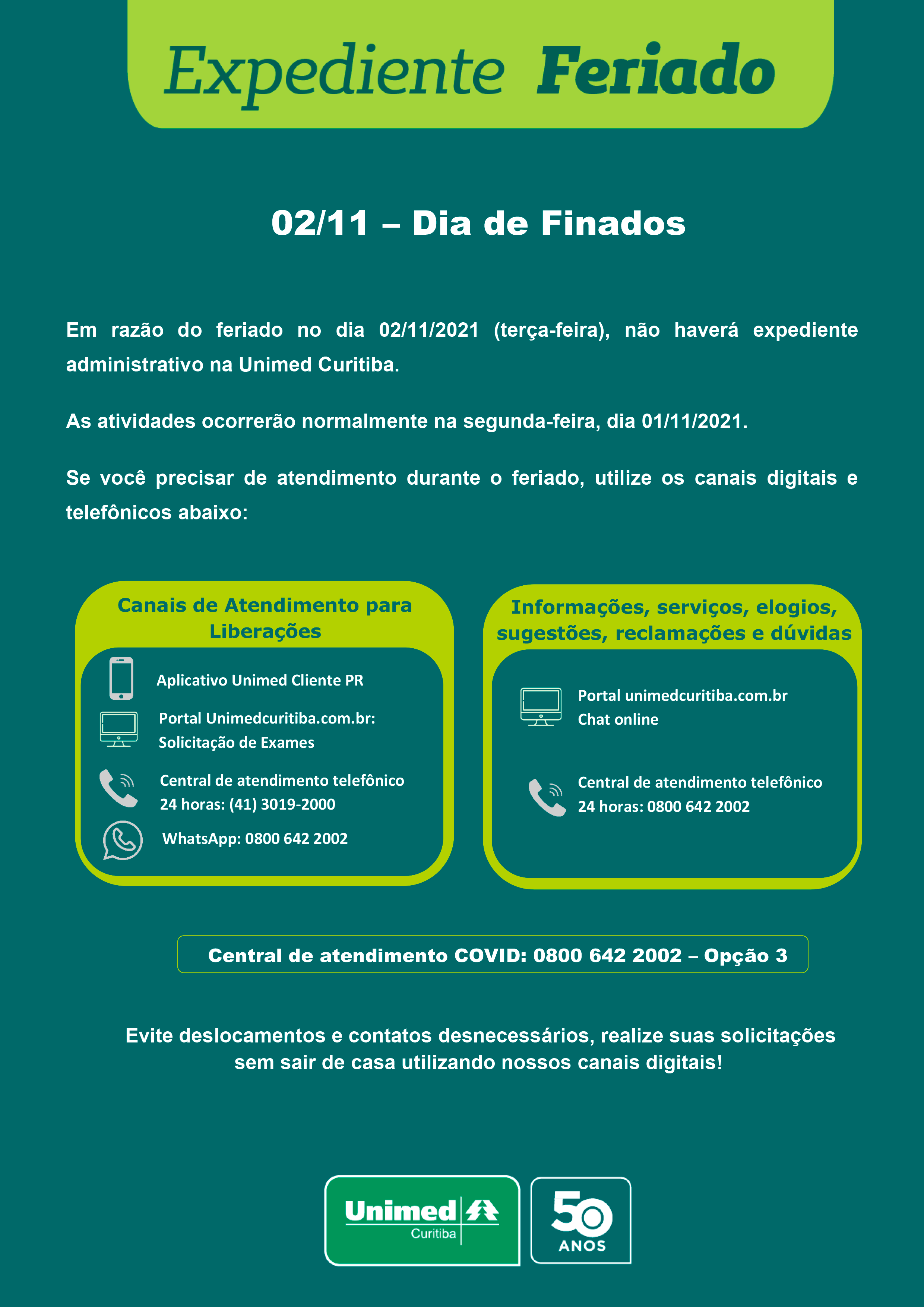 horario da Unimed Curitiba no feriado de Finados 2021