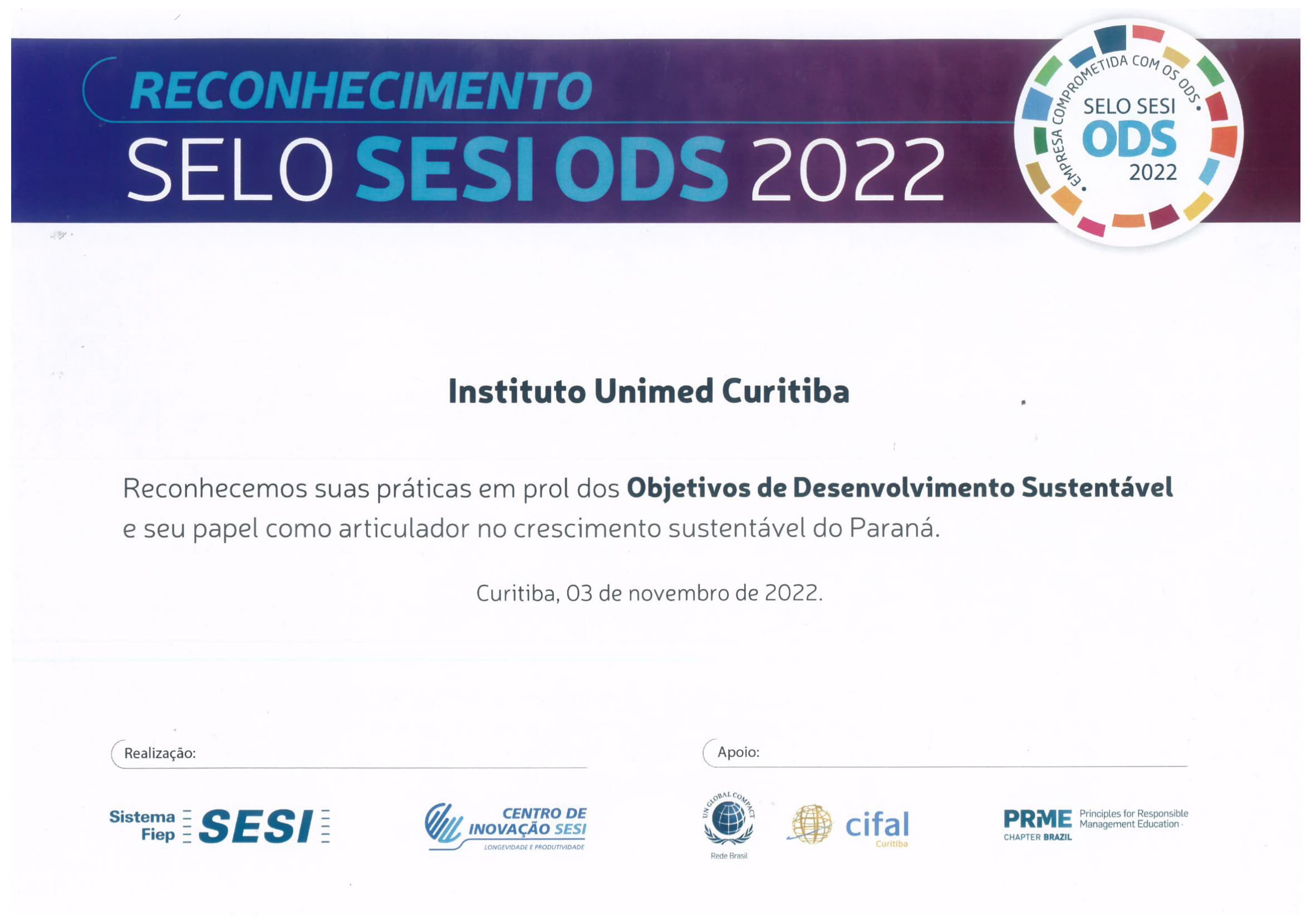 certificado sesi ods 2022 instituto unimed curitiba