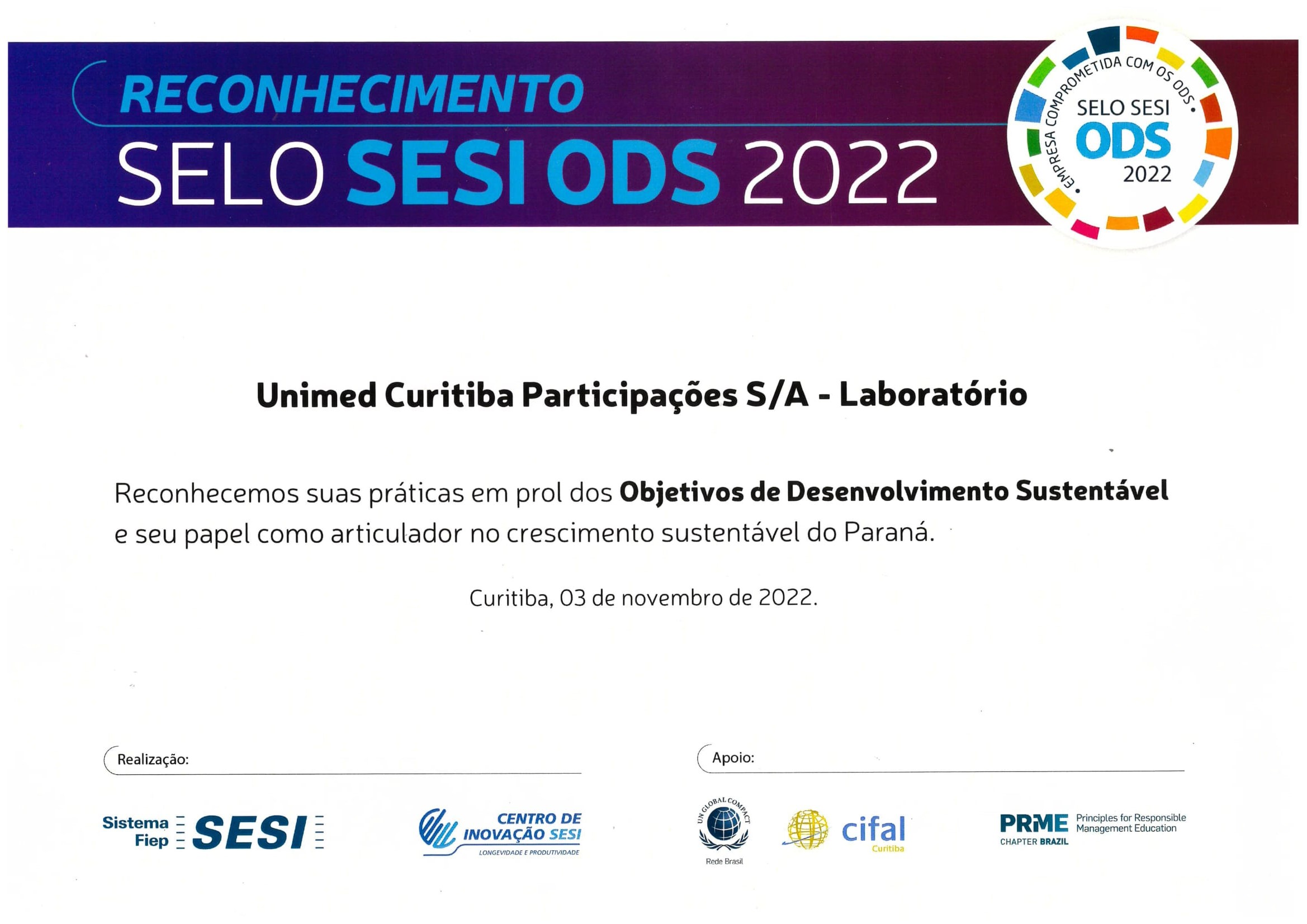 certificado sesi ods 2022 unimed laboratório