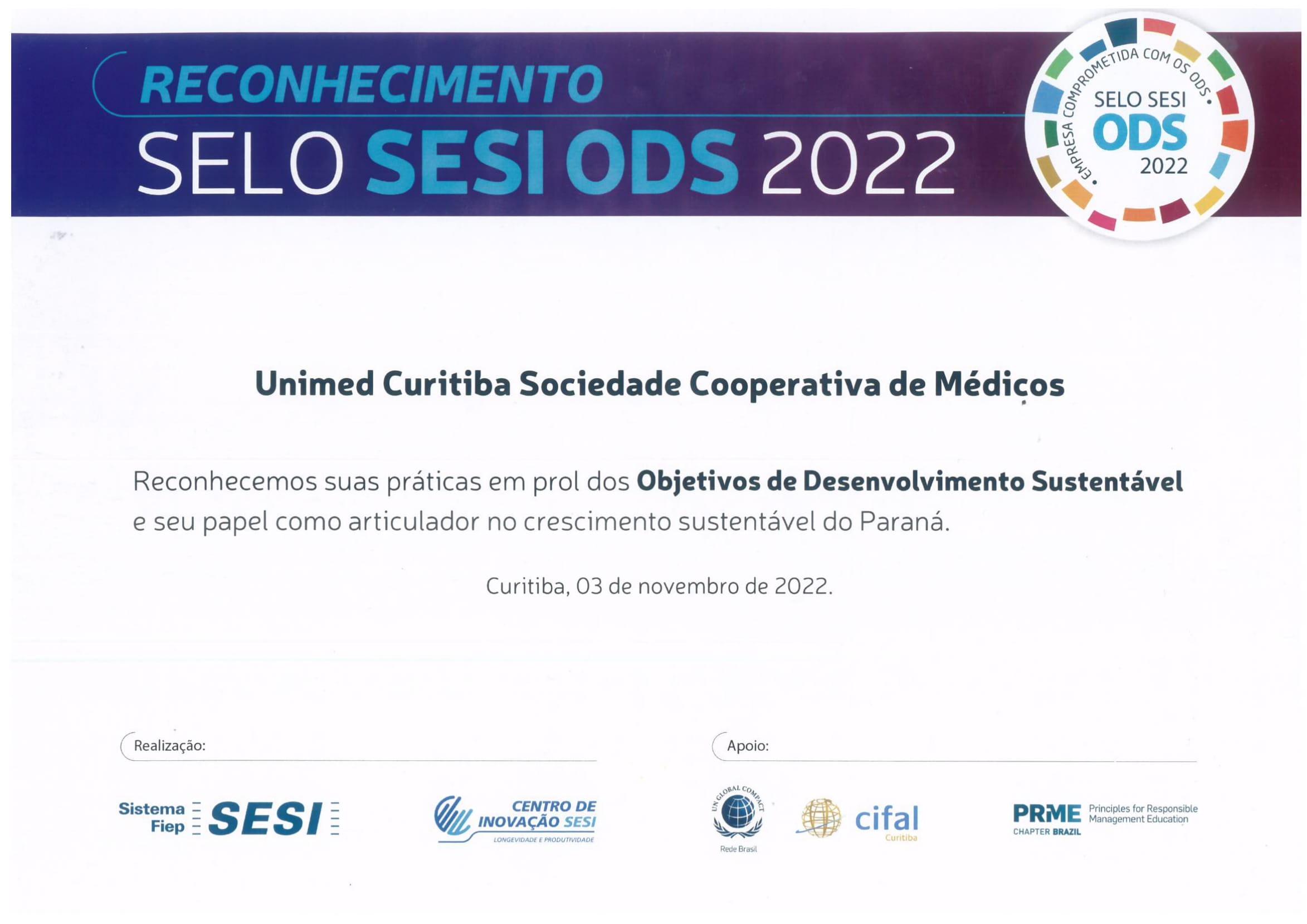 certificado sesi ods 2022 unimed curitiba