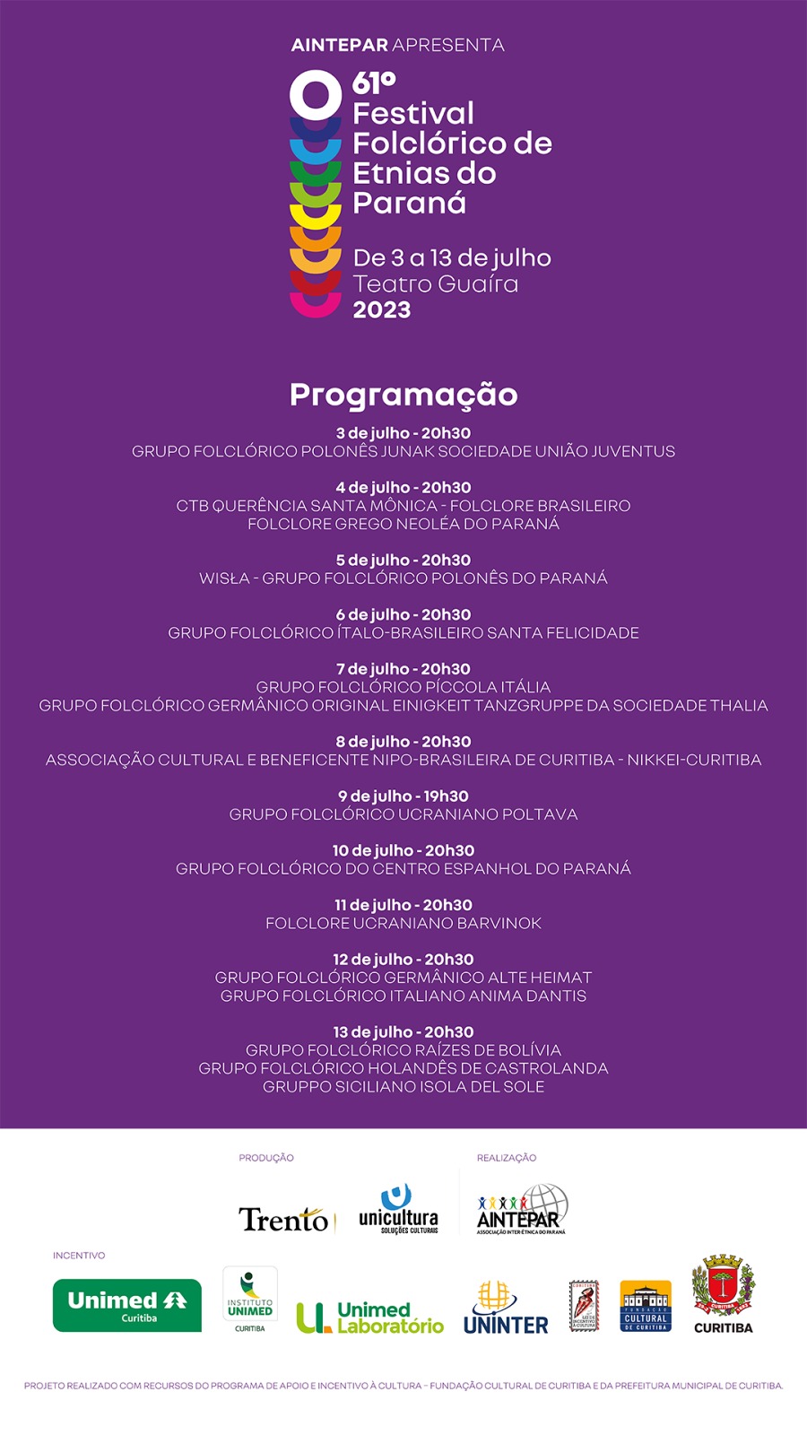 programação 61º Festival Folclórico de Etnias do Paraná 2023