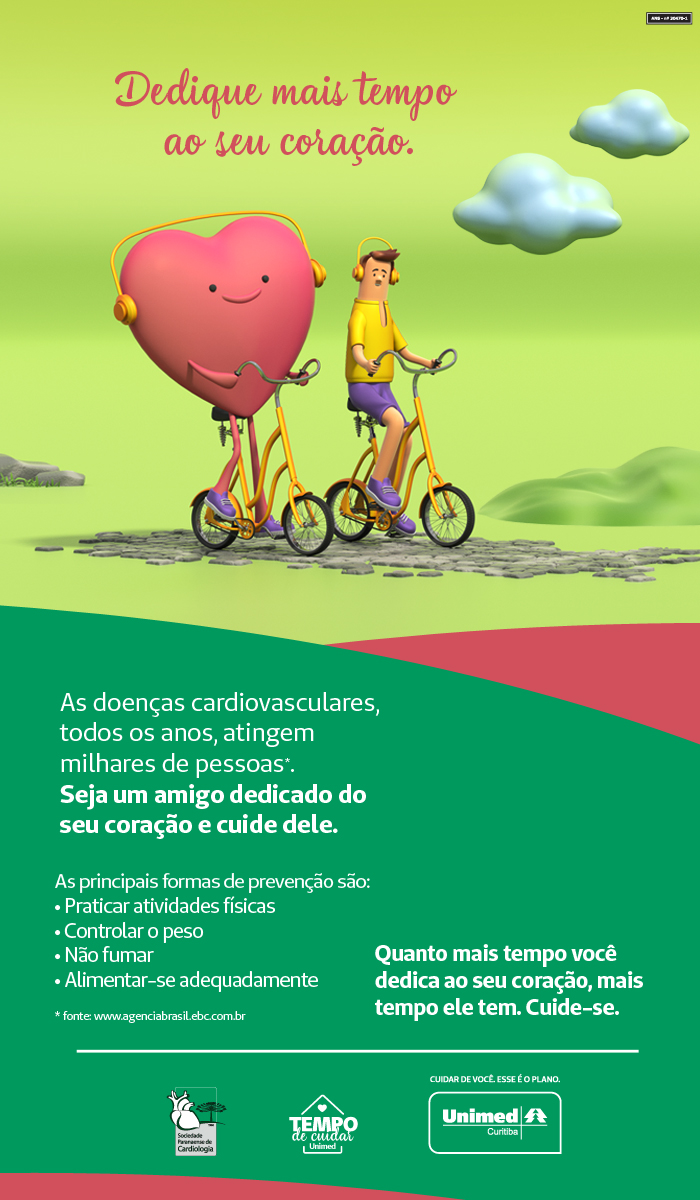 Dedique mais tempo ao seu coração. As doenças cardiovasculares, atingem milhares de pessoas anualmente. As principais formas de prevenção são: praticar atividades físicas, controlar o peso, não fumar e alimentar-se adequadamente